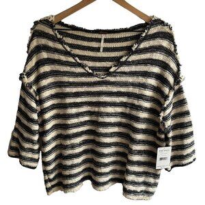 Free People Black and Cream Striped V-Neck Sweater